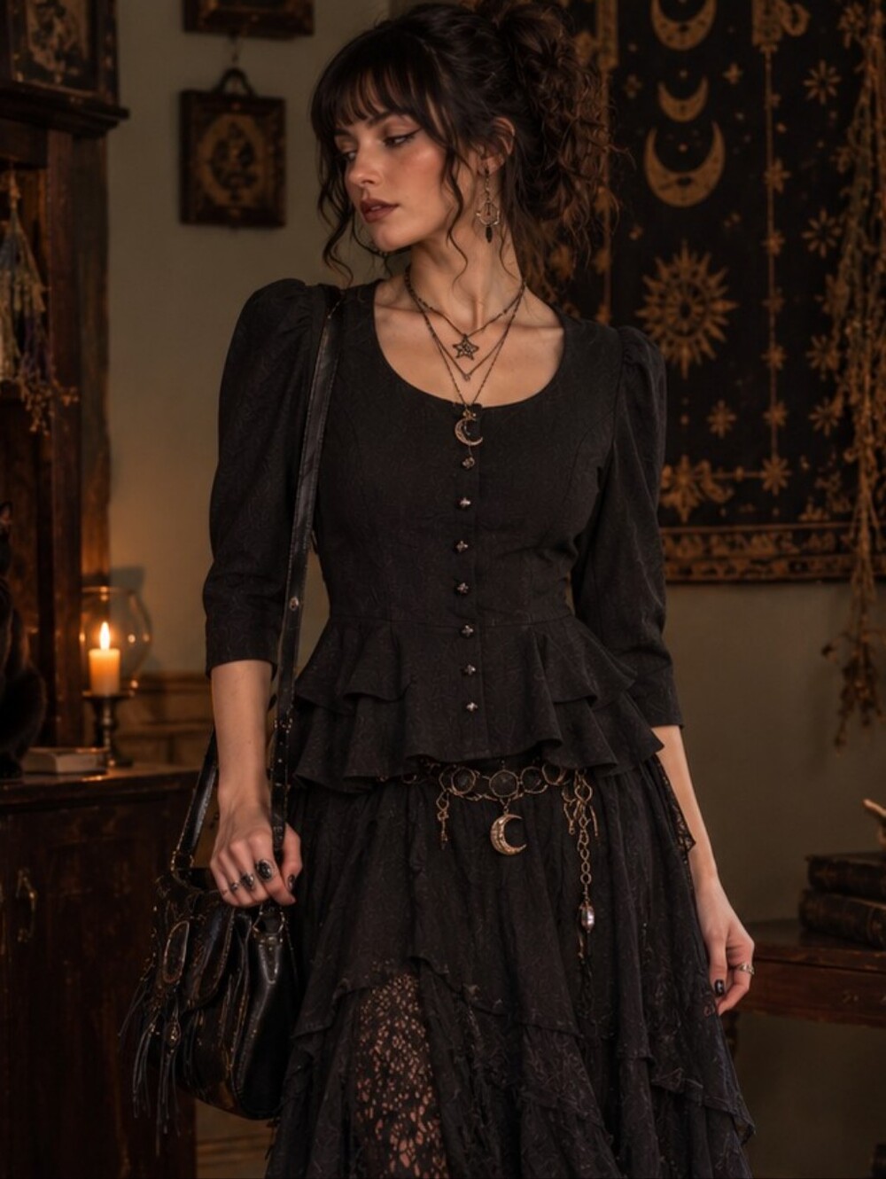 Witchy Gothic Peplum Button-Front Shoulder Pad Black Top Whimsigoth Vintage 12